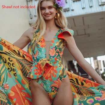 Um Maiô De Peça 2022 Verão Novo Babados Swimwear Das Mulheres De Biquíni Sexy V-Pescoço Sem Encosto Maiô Impresso Praia De Sunga