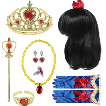 Branca De Neve Peruca Cosplay Para As Mulheres De Halloween Princesa Acessórios Coroa Luvas De Cana-De-Colar De Cabelo Da Cabeça De Carnaval Vestido De Adereços