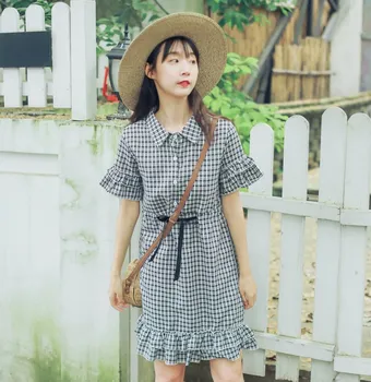 Japão estilo bonito kawaii vestido xadrez novo smmer de moda manga curta doce vestido casual 2019 mulheres vestidos