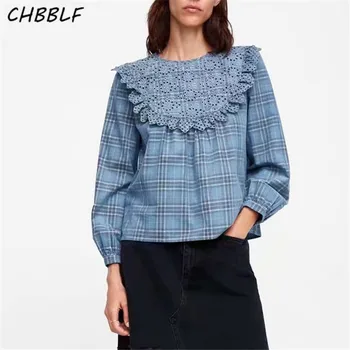 CHBBLF doce babados ilhós bordado xadrez blusas de manga longa ocos camisas casuais senhoras tops blusa CDC8844