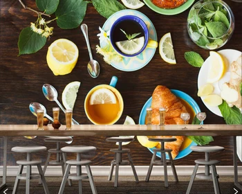 Personalizado Chá de Limão Croissant Copa Colher de Alimentos 3d papel de parede da sala de estar, cozinha, restaurante, café-bar mural do papel de parede decoração da casa