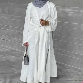 Abayas Muçulmano Conjuntos de 2 peças para Mulheres de Verão Nida Frisado Abrir Abaya Interior Vestido Naipe de Dubai, Turquia Modesto Roupas Ramadã