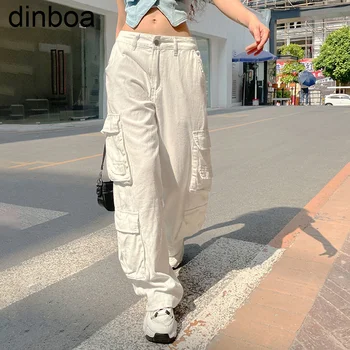 Dinboa-newwhite Multi-bolso de umas calças Largas Retro Rua Solto Cintura Alta Jeans Americano Sólido Casual Streetwear Menina Quente Y2k Calças