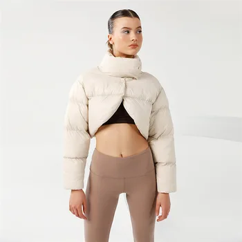 Mulheres de 2022 outono inverno nova tendência de moda casacos cor de ajuste fino cortado o umbigo de manga comprida, gola alta de algodão quente jaqueta