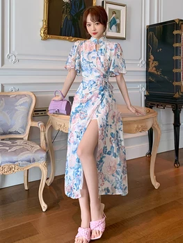 Jovem Moda Cheongsam Vestido de Estilo Chinês Melhorado Qipao Mulheres Manto Disco Fivela Floral-de-Fenda, Uma linha de Doce de Férias Vestidos
