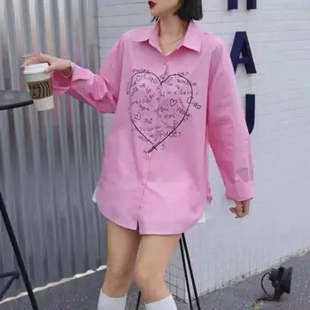 2022 a Primavera e o Outono, Moda de Nova Versão coreana Solta Graffiti Amor a Camisa das Mulheres Meados de comprimento Impresso Blusas Ou Tops Para Mulher