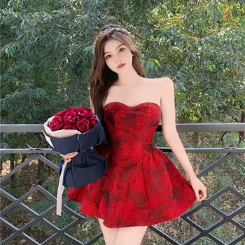 2023 Moda Verão Festa Vestido Clubwear Mulheres Sem Alças Vermelha De Cintura Alta Bola Vestido Vestido De Estilo Francês Vintage Impresso Vestido Sexy