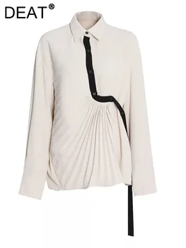 DEAT Moda feminina Camisa de Damasco Irregular Plissado Elegante Blusa de Lapela Manga Longa Ajuste Solto Blusa Outono 2023 Novo 1DE8946
