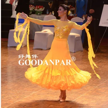 Novo! trajes dança de salão vestido para as mulheres concorrência vestidos padrão de vestido de branco dançando roupas longo sleeveostrich amarelo