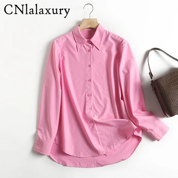 CNlalaxury Outono Mulher Casual cor-de-Rosa de manga comprida, Camisa Chique Senhora do Escritório Trajeto Blusa de Cor Sólida Botão Blusas Femininas Topo