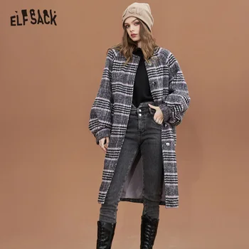 ELFSACK Roxo Xadrez Quentes, Casacos de Lã Mulheres De 2022 no Inverno de comprimento Médio Outwears
