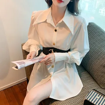 O Coreano Fsashion Camisa Casual Para As Mulheres Lapela Puff Manga Longa Branco Chiffon Longo Blusa Top Com Cinto Feminino 2022 Roupa Nova