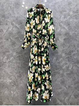 Seda Vestido de festa Longo, Em 2022, a coleção Primavera / Verão Designer de Moda com Mulheres Grandes estampa Floral, Cinto de Deco Manga Longa Casual Boêmio Maxi Vestido XL