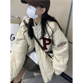 Rhombic letras de espessamento de algodão casaco de inverno estilo de colégio clip largo de pinheiros jaqueta de beisebol mulheres