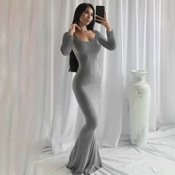 Elegante Sólido Vestido Longo para as Mulheres 2022 Sexy O Pescoço Longo da Luva Bodycon Noite de Festa do Clube Básica Vestidos de Túnica Femme Senhoras Novo