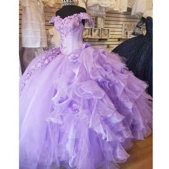 2022 Luxo Lavanda Rainha Designer Quinceanera vestidos de Baile, Vestido de baile, com Mangas 3D Floral Flores de Renda Doce De 15 Noite