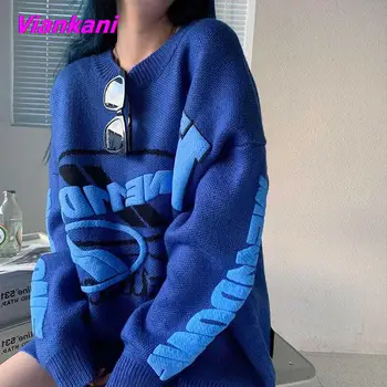 Mulheres Blusas de Malha 2022 Nova Chegada coreano Letra Impressa Algodão Pulôver de Outono Inverno High Street Solta O pescoço de Blusas