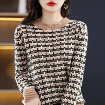 Camisola de Camisolas de Caxemira Blusas Mulher de Merino de Lã de Malha Xadrez Knitwears Outono 2023 O decote da Roupa das Mulheres coreano Moda