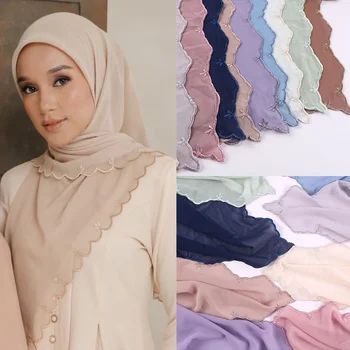 As Mulheres muçulmanas Chiffon Hijab com Embrodiery Xale HIjabs com Embrodiered Borda Malásia Sulam Xales Lenço de Cabeça Viral