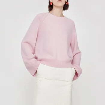 2022 Novo Senhoras cor-de-Rosa O Camisola de Malha com Decote de Inverno de Manga Longa feminina Doce Solta Pulôver de Tricô