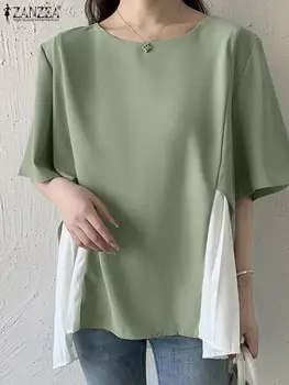 Elegante Camisa de Sólidos Senhora do Escritório O Pescoço Top de Verão ZANZEA Mulheres da Moda Blusa de Manga Curta manta de Retalhos Plissado Festa Casual Túnica