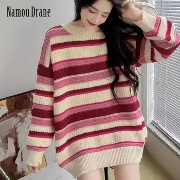 Namou Drane 2022 Listrado Torção Camisola de Inverno das Mulheres Solta Vestindo Instagram Preguiçoso Retro Coreia do Sul Casual Jumper blusas