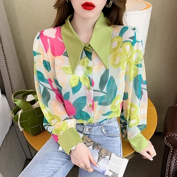 Floral Impressão de Camisa de Chiffon da Mulher Blusa de Verão, Estilo coreano Top de Manga Longa Solto e Casual de Moda Feminina 2022 Roupa Nova