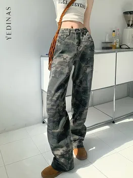 Yedinas Jeans Folgada Com O Y2k Mulheres Streetwear Cintura Alta Jeans Camuflagem Jeans Hip Pop Carga Solta Calças Feminino Coreano Moda