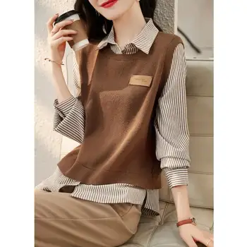 Moda Botão Emendados Blusa Listrada Falsos Duas Peças de Roupas femininas 2023 Primavera Novo coreano Camisolas de Malha Trajeto Camisa