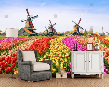 Personalizado paisagem, papel de parede, moinho holandês e tulip murais para a sala de estar, quarto, sofá-TV pano de fundo da decoração da parede papel de parede