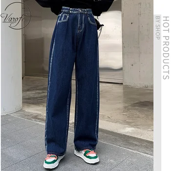 Varofi Deep blue jeans com muitos botões de mulheres queda solta a perna reta, cintura alta e calças de perna larga y2k folgado wide leg jeans