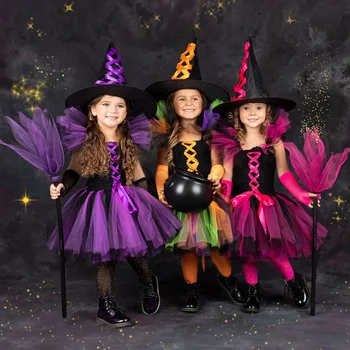 Halloween infantil Traje Magia Bruxa Elfo Mal, a Rainha, a Princesa Cosplay Traje Palco do Festival de Desempenho Terno de Malha Vestido de baile