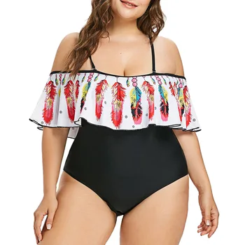 XL-5XL Um Maiô de Peça Swimwear das Mulheres Impressão de Penas Plissado maiô Beachwear 3 Cores Costumi Da Donna Bagno Mais Tamanho