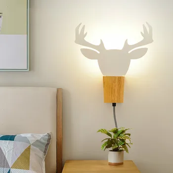 Nordic personalidade criativa veado lâmpada de arte em ferro quarto cabeceira da parede do diodo emissor de luz da sala de estar lâmpada de parede de madeira maciça simples LU8131614