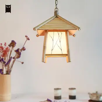 Artesanais De Bambu Da Casa De Sombra Luminária Pendente Vintage Retro Antigo Japonês País Asiático Pendurar A Lâmpada Do Teto Bulbo E27