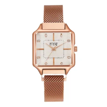 O novo Luxo das Mulheres Relógios de Ouro, Pulseira de Malha Pequena Praça Vestido de Moda Relógio para Mulheres relógio de Pulso de Quartzo Diamante Feminino Relógio