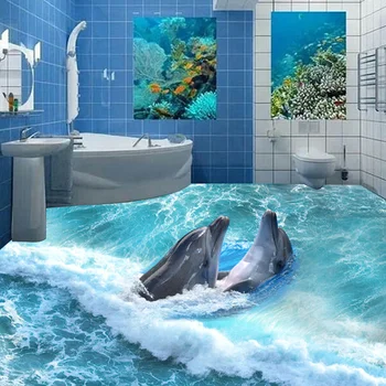 Personalizado com Foto Chão de papel de Parede 3D Estereoscópico Dolphin Oceano Chão da casa de Banho Mural papel de Parede do PVC Auto-adesivo de Chão de papel de Parede