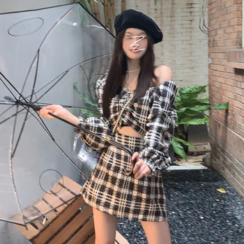 Slim Conjuntos de Vestuário Pliad Barra Pescoço Cultura de Topo de Ombro Outono Doce Estilo coreano de Moda da Mini-Saia para Mulher Houndstooth