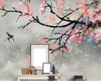 Personalizado com foto de papel de parede mural Nórdicos pintura a óleo da flor de cerejeira estilo Chinês novo pintados à mão, flores e aves de fundo de parede
