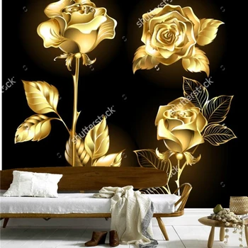 Rosa de papel,Definir de ouro, brilhantes rosas ,retro padrão para a sala de estar, quarto, restaurante na parede do fundo papel de parede de vinil